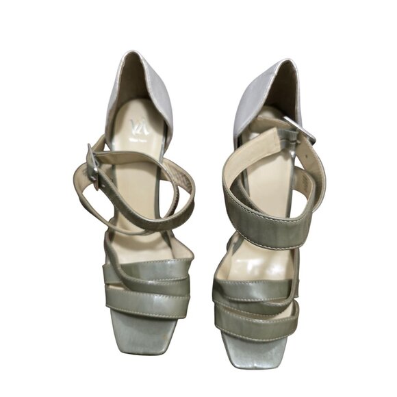 Velvet ANGEL Metallic Silver & Olive Green Strappy High Heel Sandals Buckle Clos - Picture 1 of 14